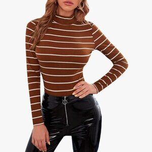 Floerns Women's Mock Turtleneck Long Sleeve Slim Fit Stretch Striped T-Shirts